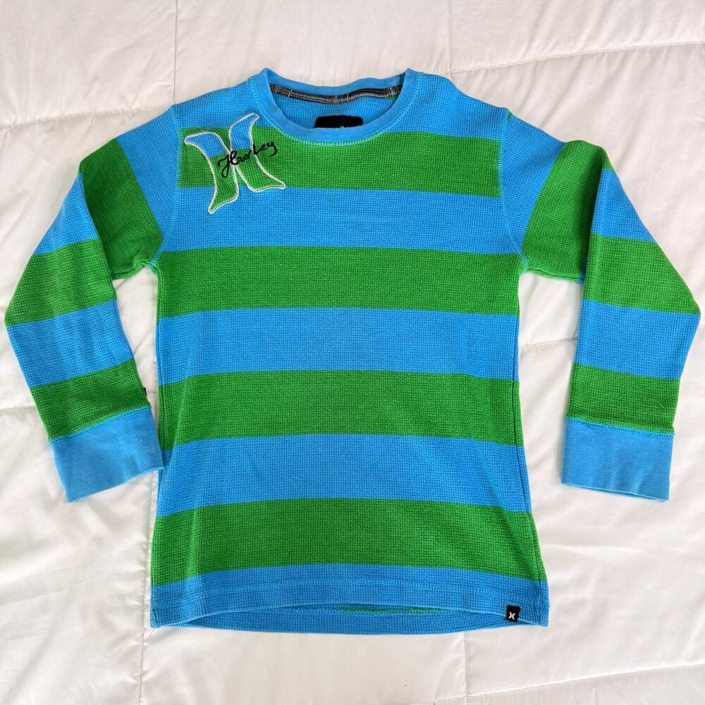 Hurley Waffle Knit Thermal Top Women's Size M Blue Green Stripe Long Sleeve